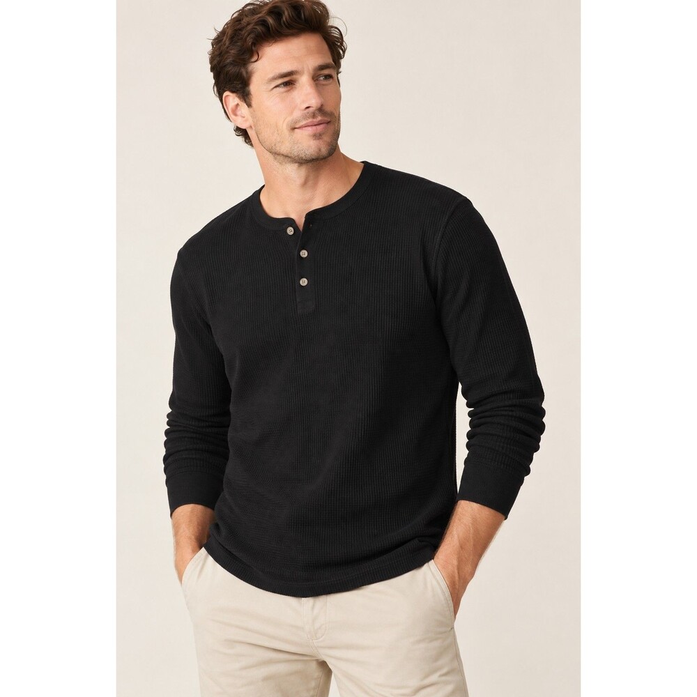 NWT J.Crew Men’s Thermal Waffle Henley Long Sleeve Shirt Black Size L G8217